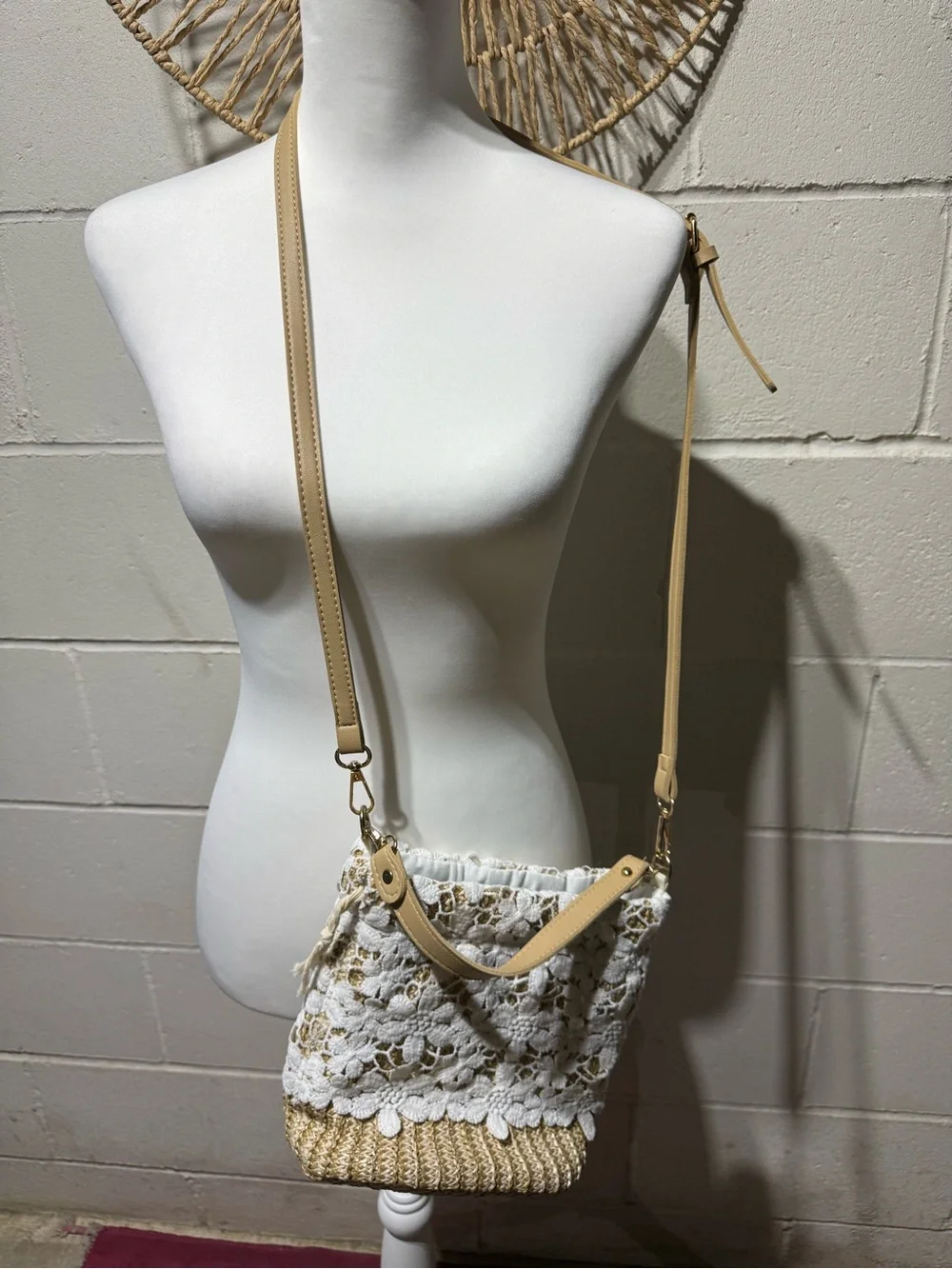 Woven Straw Crossbody Bag with White Floral Lace Overlay